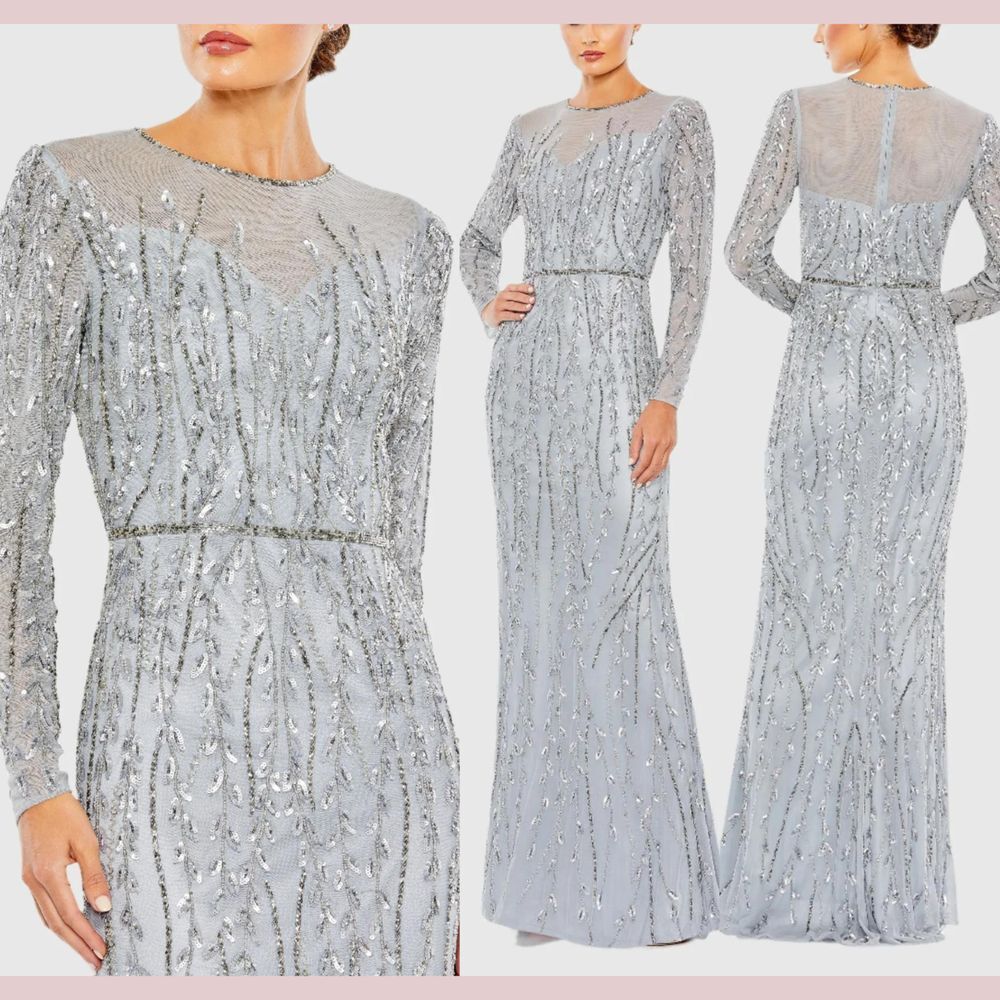 NWT Mac Duggal [ 10‎ ] 5644 Embellished Illusion High Neck Long Sleeve Gown grey